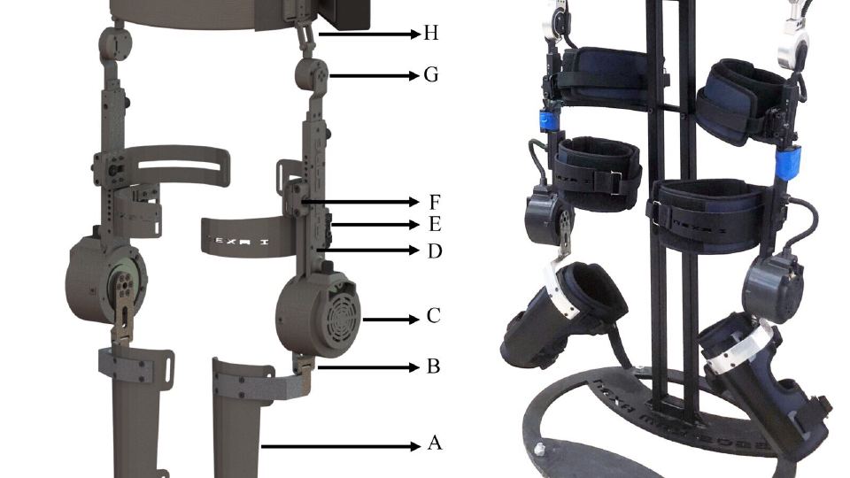 FUM-NEXA knee exoskeleton shown as a CAD design and as the manufactured prototype.