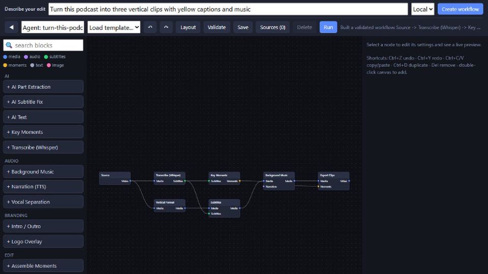 ViGenX editor with a plain-language brief at the top and the generated workflow graph below it.
